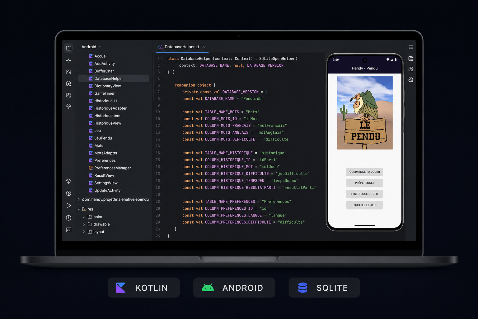 Jeu du pendu Android Kotlin mobile app by Pierre Handy